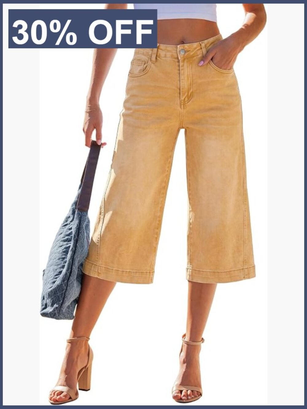 High Waisted Wide Leg Capri Jeans Stretchy Denim